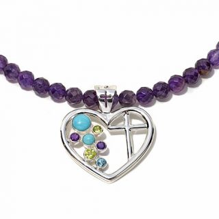 Jay King Multistone Sterling Silver Heart Pendant with 18" Amethyst Beaded Neck   7899041