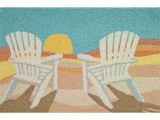 Indoor Outdoor Machine Washable Rug   Setting Sun   Features Adirondack Chairs Against Sunset At Beach   21" X 33"