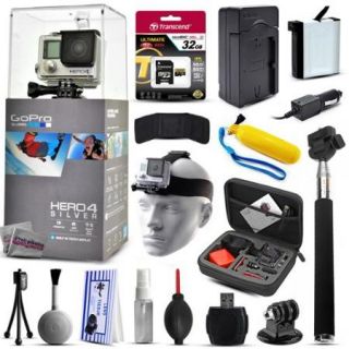 GoPro Hero 4 HERO4 Silver CHDHY 401 with 32GB Ultra Memory + Premium Case + Extra Battery + Travel Charger + Selfie Stick + Head Strap + Floaty Bobber + MicroSD Card Reader + Cleaning Kit + More
