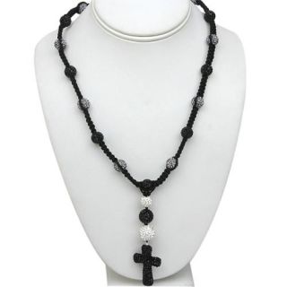 27" 32" Crystal Cross and Black and White Pave Ball Ajustable Necklace