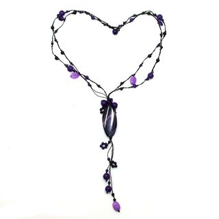 Purple Agate and Amethyst Cotton Rope Necklace (Thailand)