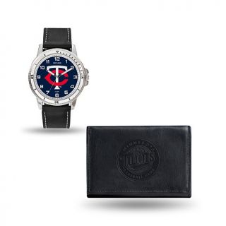 MLB Men's Team Logo Black Strap Watch and Wallet Gift Set   Minnesota Twins   7783193
