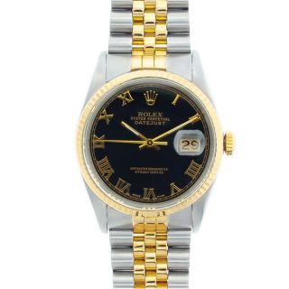 Pre owned Rolex Mens Datejust Two tone Black Roman Dial Watch