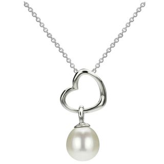 DaVonna Silver Heart Shape and White FW Pearl Drop Necklace (8 8.5 mm)