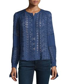 Rebecca Taylor Long Sleeve Embroidered Silk Top, Amethyst Shadow