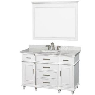 Wyndham Collection Berkeley 48 in. Vanity in White with Marble Vanity Top in Carrara White, Oval Sink and 44 in. Mirror WCV171748SWHCMUNRM44
