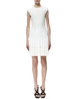 Alexander McQueen Cap Sleeve Knit Cutout Plisse Dress, White