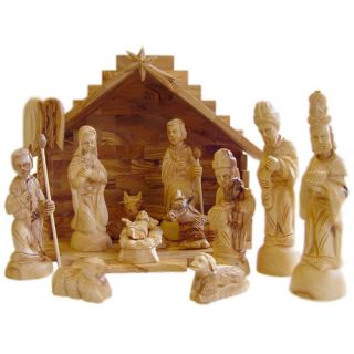 Traditional Olive Wood Nativity Set with Stable by CarversArt