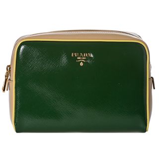 Prada Womens Vernice Green and Beige Saffiano Leather Cosmetic Bag