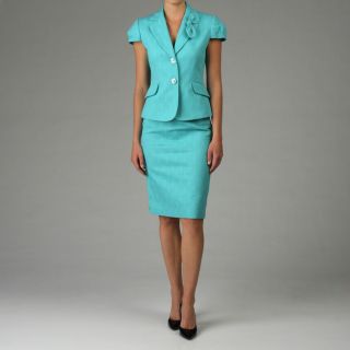 Tahari ASL Womens Turquoise Jacquard Skirt Suit  