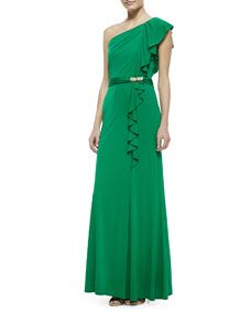 David Meister One Shoulder Ruffle Jersey Gown, Green
