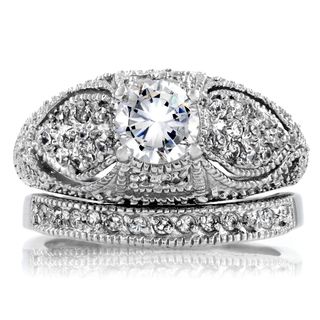 Sterling Silver Cubic Zirconia Antique Bridal style Ring Set