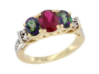 14K Yellow Gold Natural High Quality Ruby & Mystic Topaz Ring 3 Stone Oval Diamond Accent