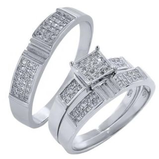 His and Hers 3 Pieces Sterling Silver and CZ Engagement Wedding Three Ring Set