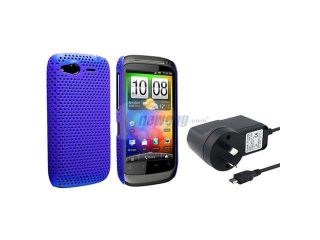 Insten Home Charger + Blue Meshed Rubberized Skin Case Cover Compatible With HTC Desire S