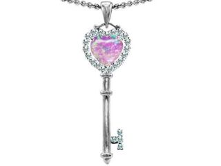 1.90 cttw 14k White Gold Plated 925 Sterling Silver 1.5inch Key to my Heart Love Pendant with Lab Created Pink Opal