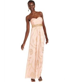 Betsy & Adam Strapless Beaded Foil Print Gown