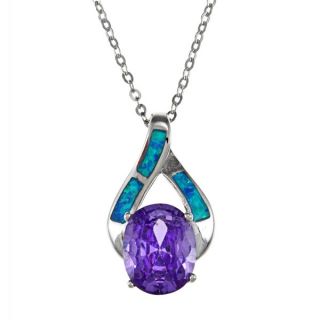 La Preciosa Sterling Silver Purple CZ and Created Blue Opal Necklace