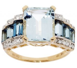 2.40 ct Emerald Cut Aquamarine, London Blue Topaz & Diamond Ring, 14K Gold —