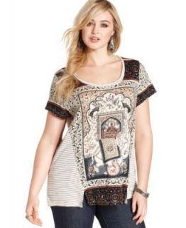 Lucky Brand Plus Size Short Sleeve Mixed Print Peasant Top