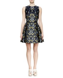 Alexander McQueen Sleeveless Fit & Flare Floral Print Dress, Navy