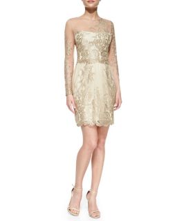 Notte by Marchesa Long Sleeve Embroidered Overlay Cocktail Dress