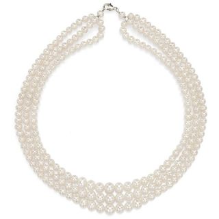 DaVonna Silver White Freshwaer Graduated Pearl 3 row Necklace (4 7 mm)