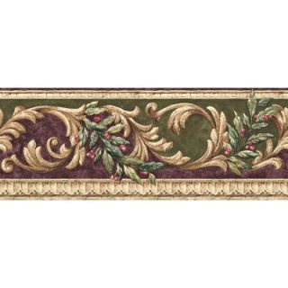 The Wallpaper Company 8 in. x 15 ft. Purple and Green Earth Tone Scroll Border DISCONTINUED WC1281429