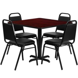 36 inch Square Mahogany Laminate Table Set with Four (4) Black