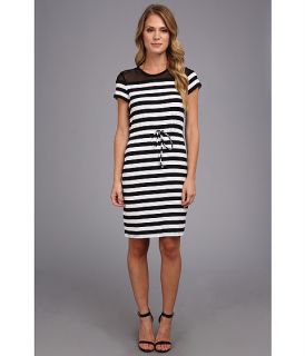 Calvin Klein Striped Dress With Mesh Yoke Black White