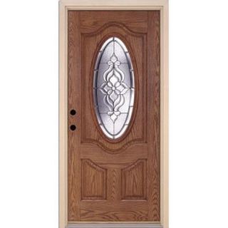 Feather River Doors 37.5 in. x 81.625 in. Lakewood Zinc 3/4 Oval Lite Stained Medium Oak Fiberglass Prehung Front Door 722491