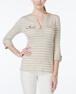 Charter Club Striped Roll Tab Sleeve Henley Top, Only at   Tops