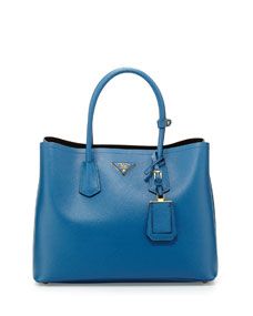 Prada Saffiano Cuir Medium Double Bag, Blue (Cobalto)