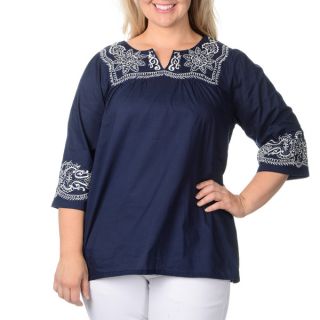 La Cera Womens Plus Size Navy Embroidered Peasant Top  