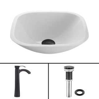 Vigo Glass Vessel Sink in Square Shaped White Phoenix Stone and Linus Faucet Set in Antique Rubbed Bronze VGT438