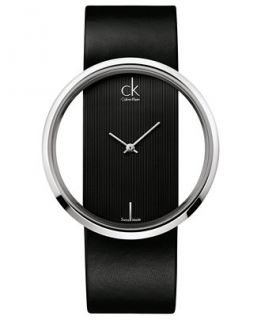 Calvin Klein Watch, Womens Swiss Glam Black Leather Strap 42mm
