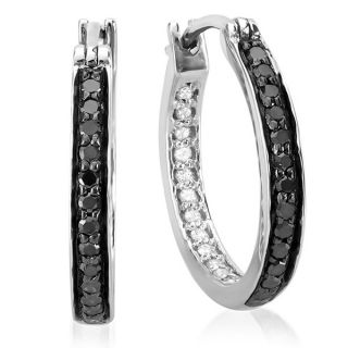 Sterling Silver 1/2ct TDW Black and White Round Diamond Hoop Earrings