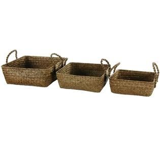 Oriental Furniture Hand Plaited Basket Tray with Handles (Set of 3