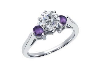 0.62 Ct Round G/H Diamond Purple Amethyst 18K White Gold 3 Stone Ring