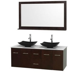 Wyndham Collection Centra 60 inch Double Bathroom Vanity in Matte White, White Man Made Stone Countertop, Arista Black Granite Sinks, and 58 inch Mirror