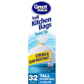 Great Value Tall Twist Tie Kitchen Bags, 13 gal, 32 count