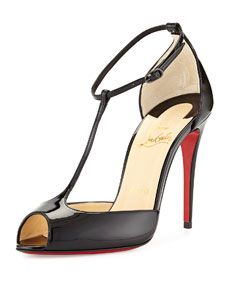 Christian Louboutin Senora Patent T Strap Red Sole Sandal, Black