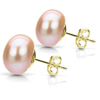 DaVonna 14k Yellow Gold Pink FW Pearl Stud Earrings (11 12 mm)