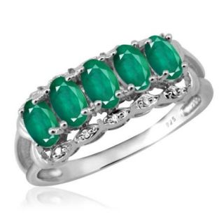 Silver Emerald Gemstone and White Diamond Accent Five Stone Ring Sterling Silver Size 6