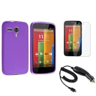 Insten Purple TPU Gel Jelly Skin Soft Back Case+Micro USB Car Charger+LCD Protector For Motorola Moto G