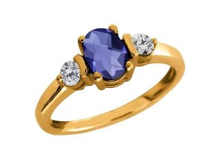 0.85 Ct Checkerboard Blue Iolite and White Diamond 14k Yellow Gold Ring