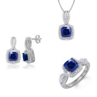 Rhodium plated Brass Diamond Accent and Blue Sapphire 3 piece Jewelry