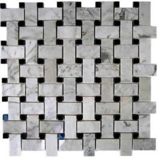 Splashback Tile Magnolia Weave White Carrera 3/4 in. x 2 in. with Black Dot 1/2 in. x 1/2 in. Marble Floor and Wall Tile MAGNOLIA WEAVE WHITE CARRERA