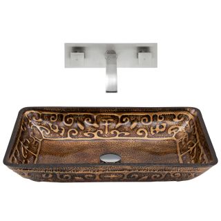VIGO Vessel Bathroom Sets Brown and Amber Tempered Glass Vessel Rectangular Bathroom Sink with Faucet (Drain Included)