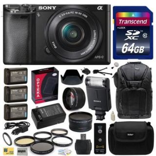 Sony Alpha a6000 24.3 MP Interchangeable Mirrorless Lens Camera with 16 50mm Power Zoom Lens with Sony HVL F20M External Flash + 64GB Memory Card + x3 NP FW50 Battery + DSLR Sling Travel Backpack